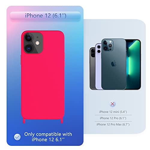 Image of Compatible with iPhone 12 Case with Lanyard Crossbody iPhone Case with Strap Adjustable Shockproof Drop Protection Silicone Phone Cover for iPhone 12 6.1'' Neon Pink