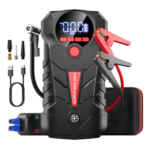 Jump Starter with Air Compressor, 4000A Portable Car Battery Booster, 4-in-1 Car Battery Jump Starter Box (8.5L Gas/6L Diesel) with 150PSI Tire Inflator,LED Light, 12V Supersafe Lithium Jump Box