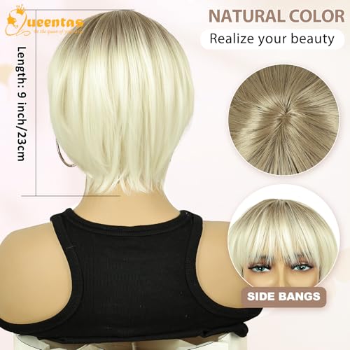 Image of QUEENTAS 8 Inch Short Blonde Pixie Cut Wig with Bangs for Women, Layered Platinum Blonde with Light Brown Dark Roots Synthetic Hair Wig for Daily Commute, Running & Cosplay
