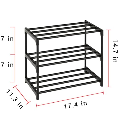 COAPUKT Metal Stackable Small Shoe Rack Organizer, Narrow Shoe Racks for Closets Entryway, Shoe Stand,Shoe Shelf with Handle (3-Tier-Black)