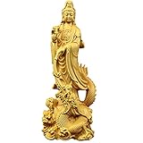 J-Clock Statue Figurine Quan Yin Avalokite?Vara Bouddha Méditant Kuan Yin sur Dragon Sculpture Buis Ornement Décoration Cadeau, Bois