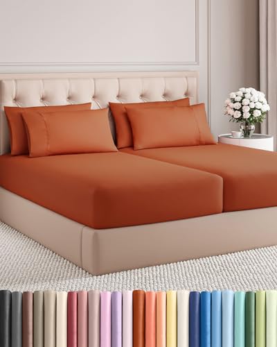 Image of Split King 7 Piece Bed Sheet Set - Comfy, Breathable & Cooling - Terracotta | Ultra-Soft Hotel Luxury Bedding Set w / 8-16 Inch Deep Pockets, 1 Flat & 2 Fitted Sheet & 4 Pillowcases, Wrinkle & Fade Free