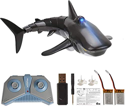 OUTFANDIA Remote Control Shark Toy for Water with LED Light, Rechargeable Electric Toy RC Shark with 2 Battery Pool Toys for Kids,1:18 Scale 2.4G High Simulation for Swimming Bathroom Shark Pool Toys