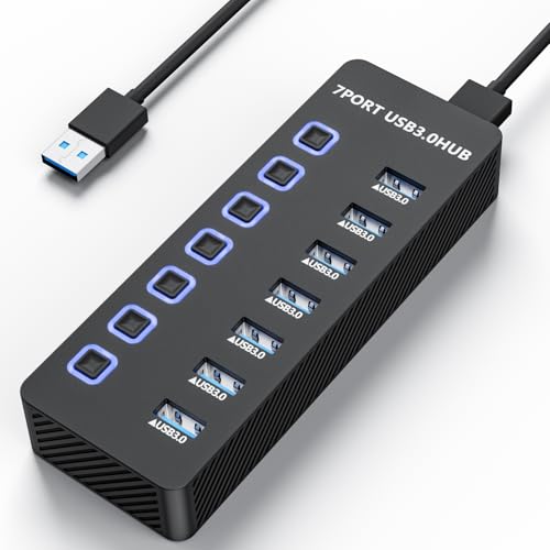 ZIUMIER USB Hub, 7 Ports USB 3.0 Hub Splitter with Individual ON/Off Switches, USB Extension for Laptop, PC, Mouse, Keyboard, Hard Drive and More Devices