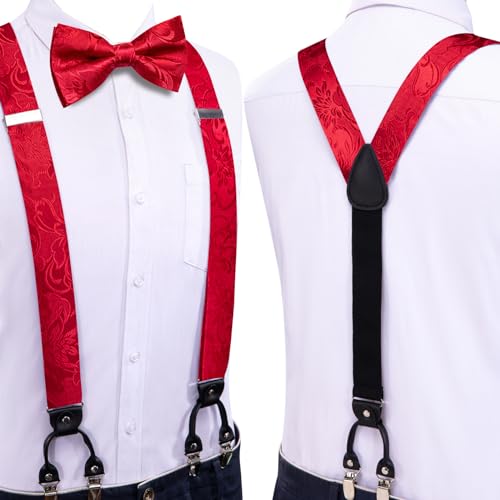 Image of Dubulle Suspender and Bow Tie for Men Paisley Solid Mens Suit Braces Pretied Bowtie and Handkerchief Cufflinks Formal Wedding