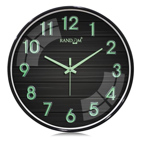 Image of RANDOM Modern 12.75INCH Wall Clock with 3D Radium Numbers, Silent Non-Ticking, Premium Black Frame, Ultra Clear Glass for Living Room, Home Office