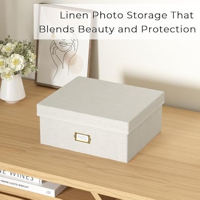 Decorative Photo Storage Box - Linen Photo Box Organizer with Dividers, Fits Holds Up to 1700 Pictures and 4x6 Photos, Memory Keepsake Organizer for Photos, Scrapbook Supplies, Cards, Stamps (Beige)