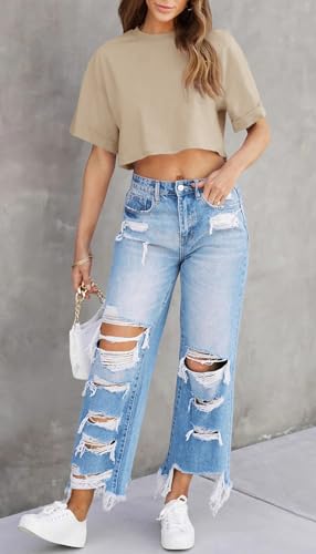 Image of Tankaneo Women Crop T-Shirts Half Sleeve Drop Shoulder Cropped Tops Y2K Casual Summer Basic Tees