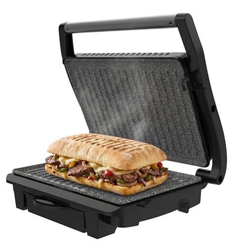 Cecotec Parrilla Eléctrica Rock'Ngrill Dark 1000 Pro. 1000W, Revestimiento RockStone, Superficie Antiadherente, Placa Superior Flotante, Bandeja Recogegrasas, Libre de PTFE, PFOA y Otros Tóxicos