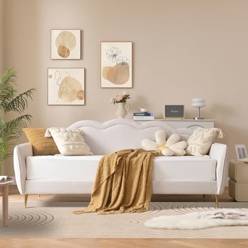 VELOCAVA Twin Size Upholstered Daybed with Cloud-Shaped Backrest, Modern Linen Sofa Bed with Metal Legs, Wood Slat Support for Bedroom, Living Room, Guest Room, Beige White