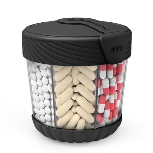HIONXMGA Large Pill Organizer Cute Pill Dispenser with 7 Large Compartments Portable Pill Box Case with Wide Opening & Anti-Mixing Design Easy to Open & Retrieve Includes 20 Pcs Labels Black