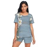 💕【Pyjama pour femme】Fabriqué en tissu polyester et élasthanne, doux pour la peau et respirant, infroissable et ne se décolore pas, ce qui rend cet ensemble de pyjama court pour femme confortable à porter.