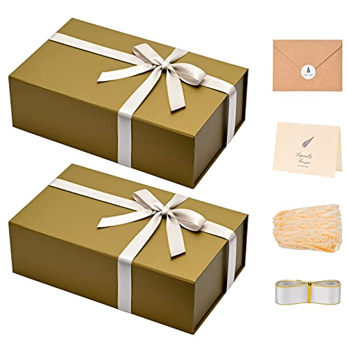 Image of LIFELUM Empty Gift Boxes 2 Pack 13.85 x 8.35 x 4.45 inch Rectangle Collapsible Box with Magnetic Lid and Ribbon,Card,Shredded Paper Filler