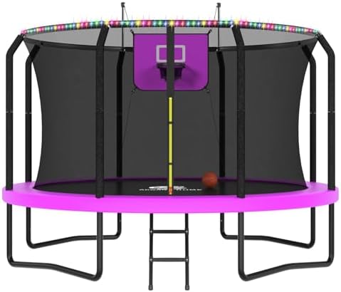 ACWARM HOME Trampoline Outdoor 14FT Trampoline with Basketball Hoop and LED Lights, Recreational Trampolines for Kids and Adults with Net and Ladder, ASTM Approved, Purple