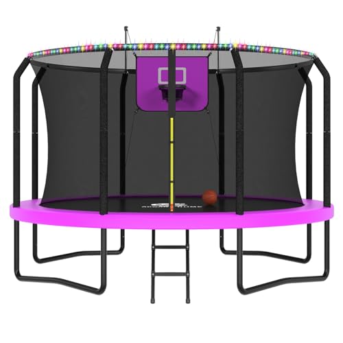 Image of ACWARM HOME Trampoline Outdoor 8FT 10FT 12FT 14FT 15FT 16FT Trampoline with Basketball Hoop and LED Lights, Recreational Trampolines for Kids and Adults with Enclosure Net & Ladder, ASTM Approved