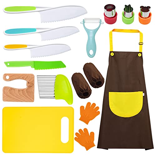 Image of 14 Pieces toddler knife, Kids Knife Set Include Wood Kids Safe Knife, Plastic Toddler Knife, Cutting Board, Apron, Y Peeler, Crinkle Cutter, Kitchen Sleeves Covers, Gloves, Sandwich Cutter