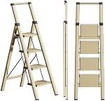 SOLADDER 4 Step Ladder, Folding Step Stool with Anti-Slip Wide Sturdy Pedal and Handgrip, Portable Lightweight Aluminum Stepladder, 300 lbs Capacity, Multi-Use for Home, Library - Brown Gold