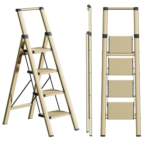 Image of SOLADDER 4 Step Ladder, Folding Step Stool with Anti-Slip Wide Sturdy Pedal and Handgrip, Portable Lightweight Aluminum Stepladder, 300 lbs Capacity, Multi-Use for Home, Library - Brown Gold