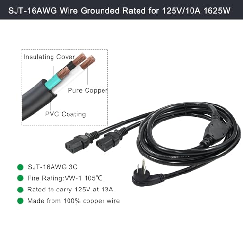 Image of Computer Power Cord Splitter, 6FT Flat Plug NEMA 5-15P to 2X IEC60320 C13 Female 2 Ways Outlet AC Power Cord, SJT 16AWG Universal Laptop 3 Prong Power Cable, Spliiter for Monitor /TV /Printer