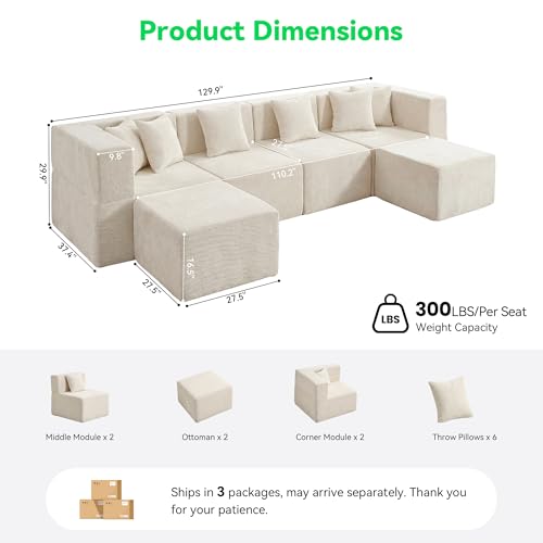 Image of MONVANE 130'' Oversized Boneless Sectional Couches for Living Room, 6-Seat U Shaped Cloud Couch, Modular Sofa with Ottoman & 6 Throw Pillows, Comfy Chenille, No Assembly Required, Beige