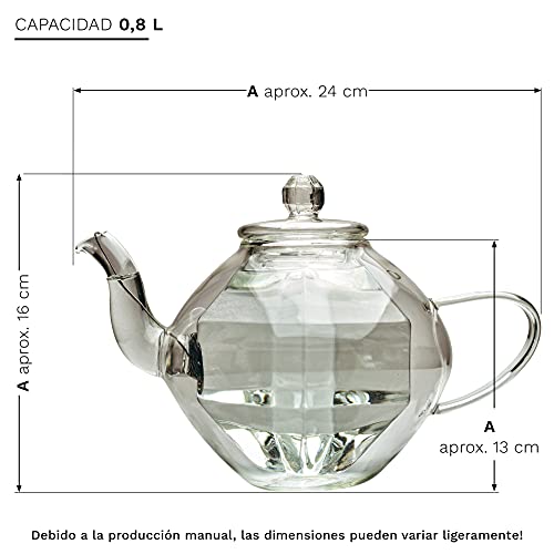 Creano Tetera de Vidrio de Doble Pared "Diseño de Diamante" con Tamiz en Espiral y Tapa de Vidrio, sin Goteo | 800ml - Imagen 3