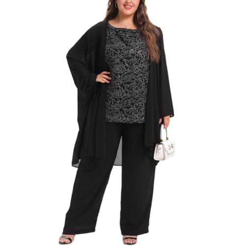 Women's Plus Size Mother of Bride Pant Suits 3 Piece Chiffon Elegant Sets Lace Wedding Guest Outfit