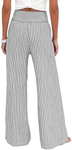 Women's Casual Wide Leg Striped Pants High Elastic Waist Loose Fit Clothing Fashion Palazzo Pants with Pockets S-3XL Black — view 4