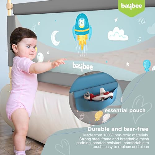 Image of BAYBEE Bed Rail Safety Guard for Kids | Bed Railing for Baby Safety Fence with 7 Level Height Adjustable & Portable Bed Side Protector from Baby Falling Guard (6FtX5FtX6Ft, 3 Sides, Grey)