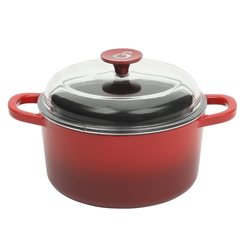 Image of Crock Pot Artisan 3-Quart Round Cast Iron Dutch Oven With Oven Safe Borasilicate Lid - Red