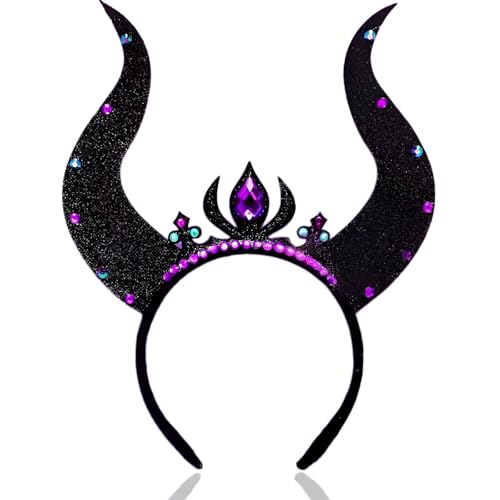 Roffiy Halloween Devil Horns Headband for Women With Glitter Gem Rhinestone Black Horns Hairband for Adult Gothic Halloween Cosplay Costume Accessories Parties Rave Fancy Dress