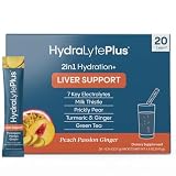 Hydralyte Plus Liver Support Hydration Packets - 7 Electrolytes with Milk Thistle, Turmeric and Ginger - Liquid Daily IV Electrolyte Powder Packets - 20 Count, Peach Passion