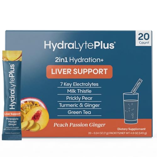 Hydralyte Plus Liver Support Hydration Packets - 7 Electrolytes with Milk Thistle, Turmeric and Ginger - Liquid Daily IV Electrolyte Powder Packets - 20 Count, Peach Passion