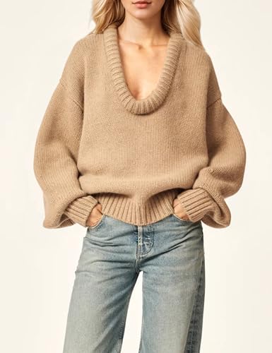 Women's Oversized U Neck Pullover Sweater Long Sleeve Knitted Sweater Chunky Trendy Fall Winter Sweater Tops3
