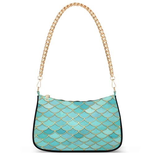 Bolso hobo retro con estampado de escamas de sirena azul miniatura 1