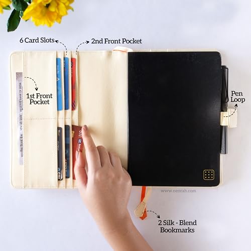 Image of NEORAH - A5 Notebook Sleeve with Loop + Dotgrid Journal | Faux Leather Sleeve + Penloop | 2 Front 1 Back Compartment | 6 Card Slots| 2 Bookmarks| Gift Box-Fits Any A5 Softcover Notebook -AFTERGLOW.