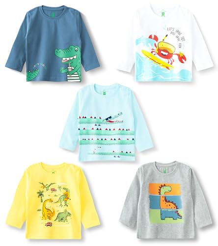 Image of YUV Infant Boys 100% Cotton Regular Fit Full Sleeve Printed T-Shirts, Pack of 5