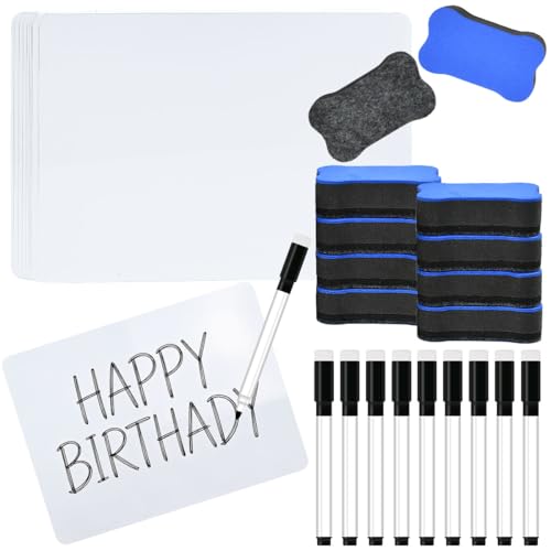 Vurixfo 10 Pcs Dry Erase Mini Whiteboard A4 Double Sided White Boards PVC Portable Reusable Writing Board with 10 Pens and 10 Erasers for Classrooms Homes and Offices