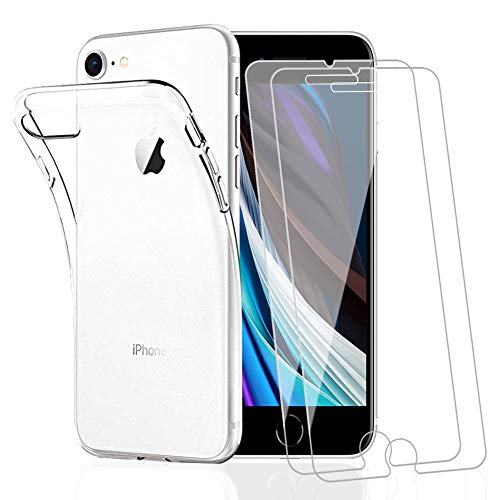 Amonke Funda para iPhone SE 2020 + 2 Pcs Protector de Pantalla para iPhone SE 2020 Cristal Templado, Flexible Suave Silicona Transparente TPU Carcasa + Vidrio Templado para iPhone SE 2020