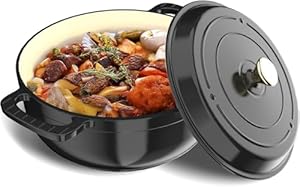 LEADZM Gusseisen Topf 28 cm 5,  L, Schmortopf Bräter mit Deckel, Emaille Topf, Brotbacktopf für Braten Küche Backen Schmoren, FDA-Zertifiziert (Schwarz)