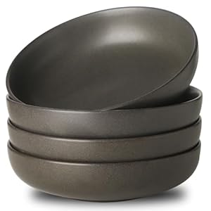 Stoneware Pasta Bowls, 34 oz Large Salad Bowls Set of 4, Ceramic Serving Bowls for Ramen, Pasta, Fruit, Cereal, Dinner, Wide and Shallow Bowls, Microwave & Dishwasher Safe, Matte Black