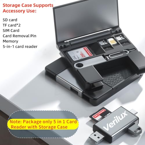 Image of Verilux 5 in 1 Card Reader with Storage Case for Micro SD & SD Cards, Memory Card Reader with Type-C & USB Dual Plugs, USB & TF & SD Cards Ports and Mobile Phone Card pin for Phone, Tablet, Laptop