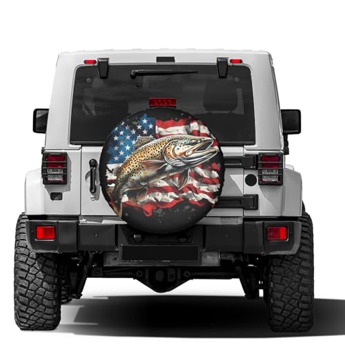 Image of Delerain Bass Fish American Flag Spare Tire Cover for RV Trailer SUV Truck and Many Vehicle, Wheel Covers Sun Protector Waterproof (15 Inch for Diameter 27 inch-29 inch)