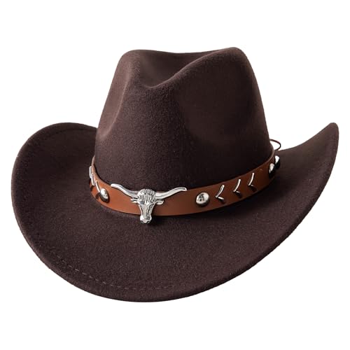 JOYEBUY Western Cowboy Hat for Kids Boys Girl Classic Roll Up Fedora Hat with Buckle Belt (US Age 6 Years 10 Years Coffee)