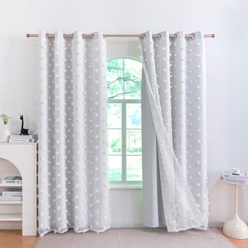 Image of Graylish White Pom Pom Curtains for Nursery Bedroom 52x96 Inch | Soft Boho Room Darkening Drapes, Grommet Privacy Double Layer Curtains for Living Room, Girls &Toddler room Decor, 2 Panels