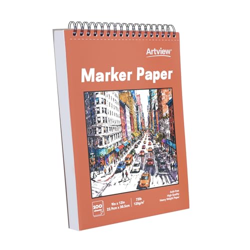 Artview 9 x 12 Marker Paper Pad 100 Sheets 73 lb/120 GSM Heavyweight Spiral Marker Paper Bleed-Resistant for Alcohol Markers Dual-Sided Drawing & Painting for Adults and Kids