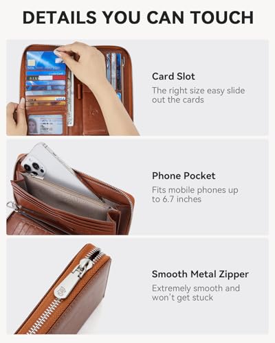Bostanten Leather Wallet For Women Rfid Blocking Zip Around Credit Cards Holder Phone Clutch Brown thumb #2
