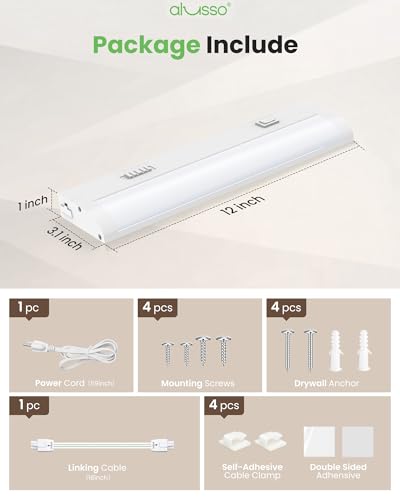 Image of ALUSSO 12 Inch LED Under Cabinet Lighting Plug in 120V, 5CCT Color Selectable 2700K-5000K Dimmable 6W 480LM High Brightness, CRI 90+ Strip Linkable Under Counter Lights for Kitchen Sink, 1 Pack