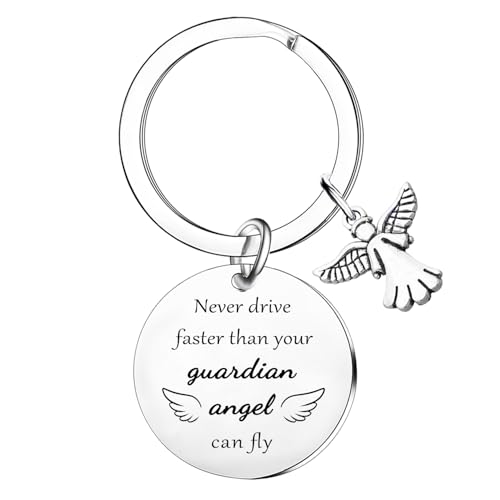 LLAFY New Driver Keychain Drive Safe Gifts for Daughter Son Guardian Angel Gift Birthday Gifts for New Driver Never Drive Faster Than Your Guardian Angel Can Fly Keychain