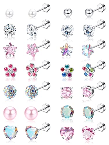 YADOCA 14 Pairs Hypoallergenic Screw Back Stud Earrings for Women Surgical Steel Tiny CZ Pearl Ball Heart Flower Screwback Flat Back Earrings Studs Set Multicolored Pink