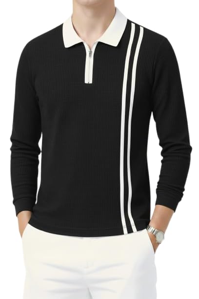try this Printed Polo Neck Fullsleeve Casual T-Shirt, Long Sleeve Tshirt Classic Zip Collared Polo Shirt Fashion Casual Shirts-picture-11